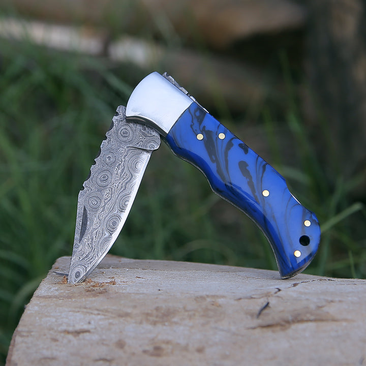 Damascus Knife - Crest Damascus Pocket knife with Sheath & Blue Resin Handle - Shokunin USA