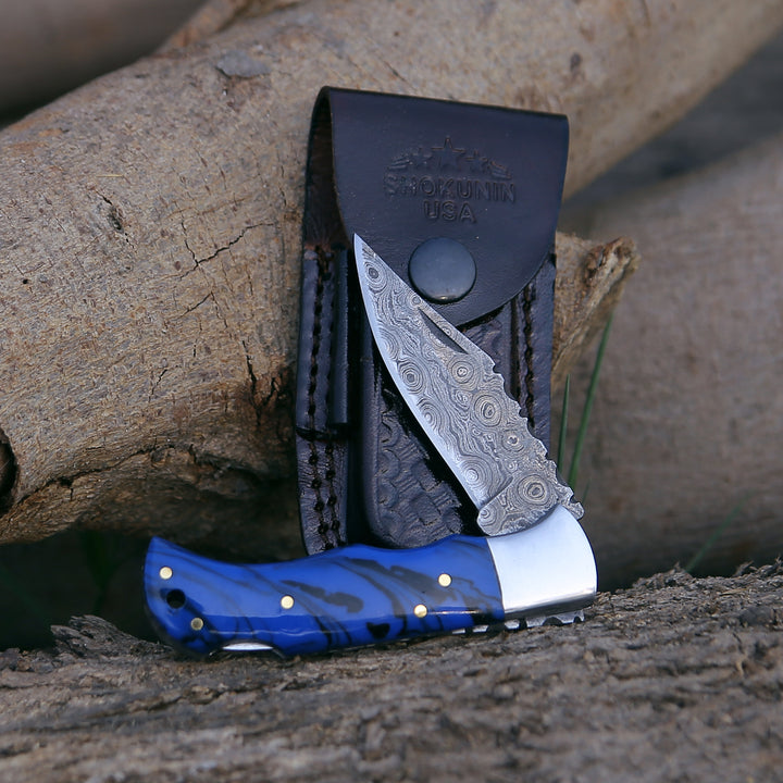 Damascus Knife - Crest Damascus Pocket knife with Sheath & Blue Resin Handle - Shokunin USA