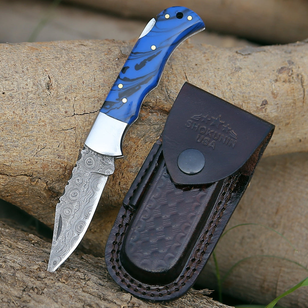 Damascus Knife - Crest Damascus Pocket knife with Sheath & Blue Resin Handle - Shokunin USA