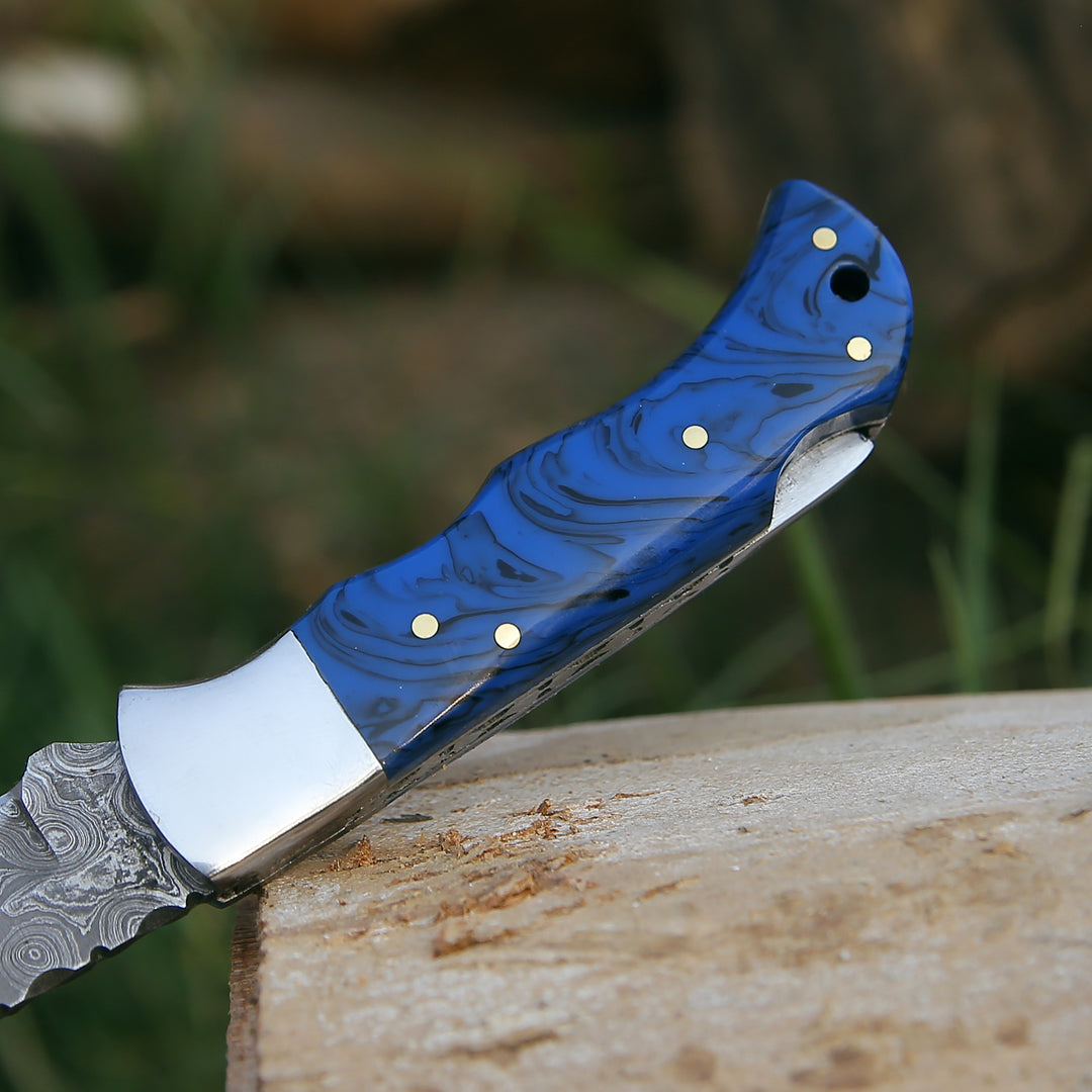 Damascus Knife - Crest Damascus Pocket knife with Sheath & Blue Resin Handle - Shokunin USA