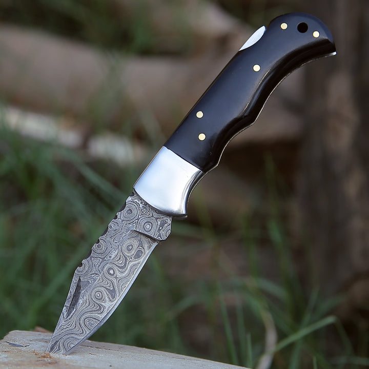 Damascus Knife - Specter Handmade Real Damascus Pocket Knife with Sheath & Resin Handle - Shokunin USA