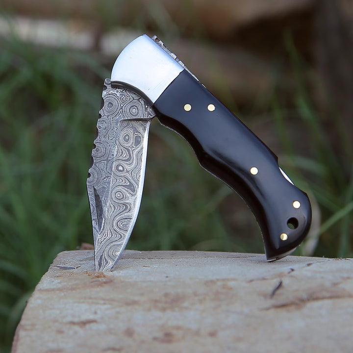 Damascus Knife - Specter Handmade Real Damascus Pocket Knife with Sheath & Resin Handle - Shokunin USA