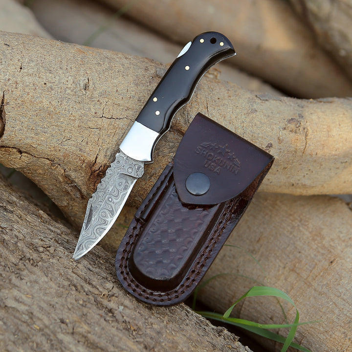 Damascus Knife - Specter Handmade Real Damascus Pocket Knife with Sheath & Resin Handle - Shokunin USA