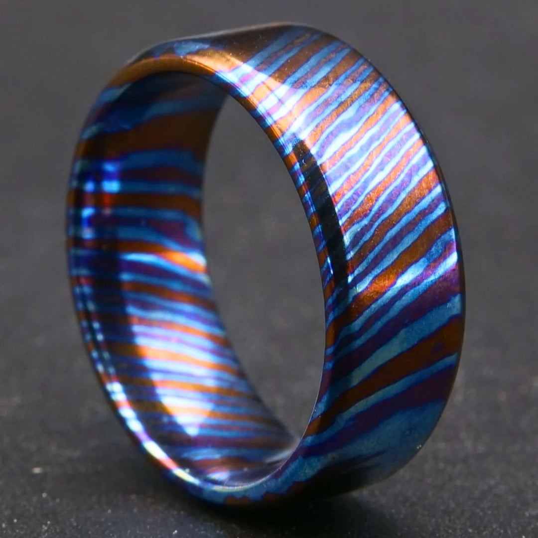 Timascus ring - Titan Handcrafted Timascus / Titanium Damascus Ring – Unique Metal Pattern & Bold Design - Shokunin USA