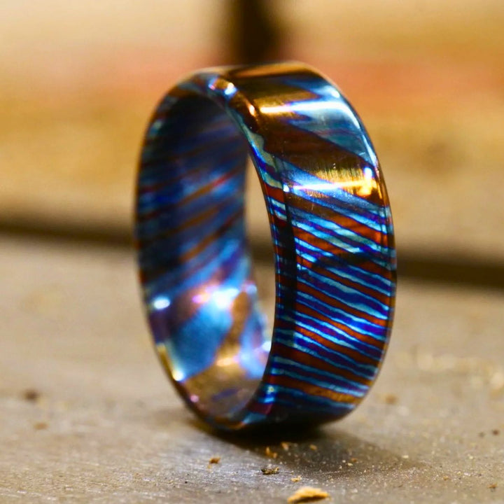 Timascus ring - Titan Handcrafted Timascus / Titanium Damascus Ring – Unique Metal Pattern & Bold Design - Shokunin USA