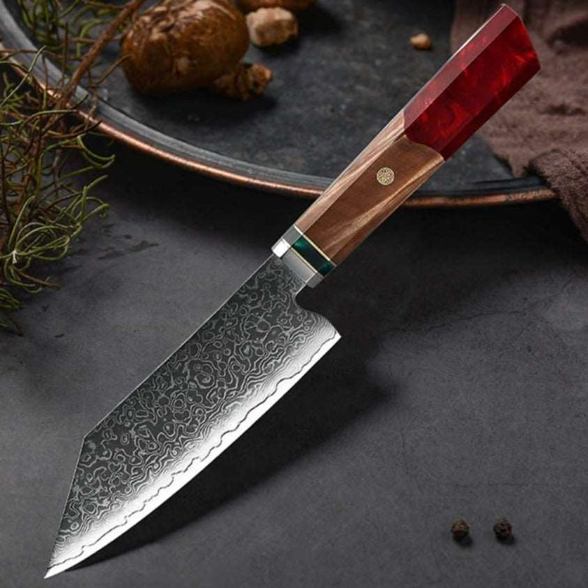 Chef knife - Alpha Chef Knife Damascus Bunka Knife with Exotic Olive Wood & Resin Handle - Shokunin USA