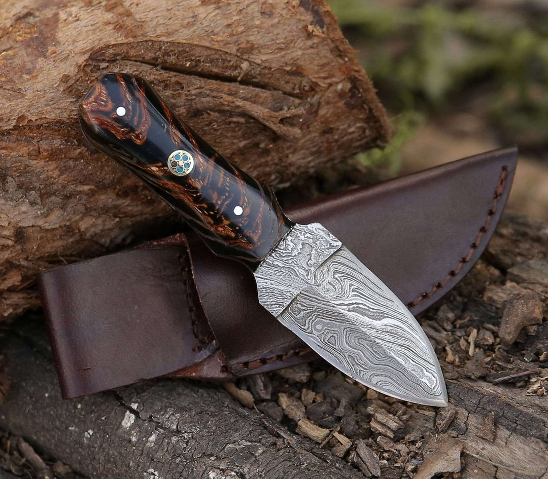 Damascus Fixed Blade – Ambush Damascus Fixed Blade Pocket Knife 6" with Pine Cone Handle & Leather Sheath – shokuninusa