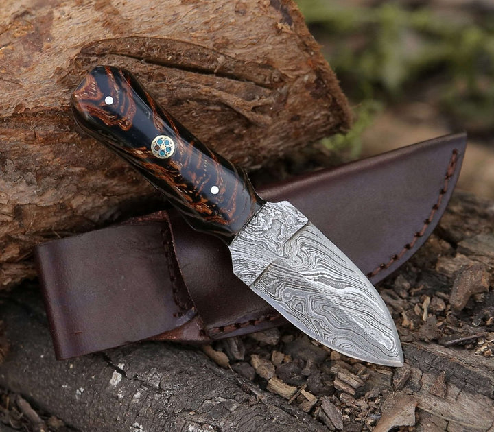 Damascus Fixed Blade – Ambush Damascus Fixed Blade Pocket Knife 6" with Pine Cone Handle &amp; Leather Sheath – shokuninusa