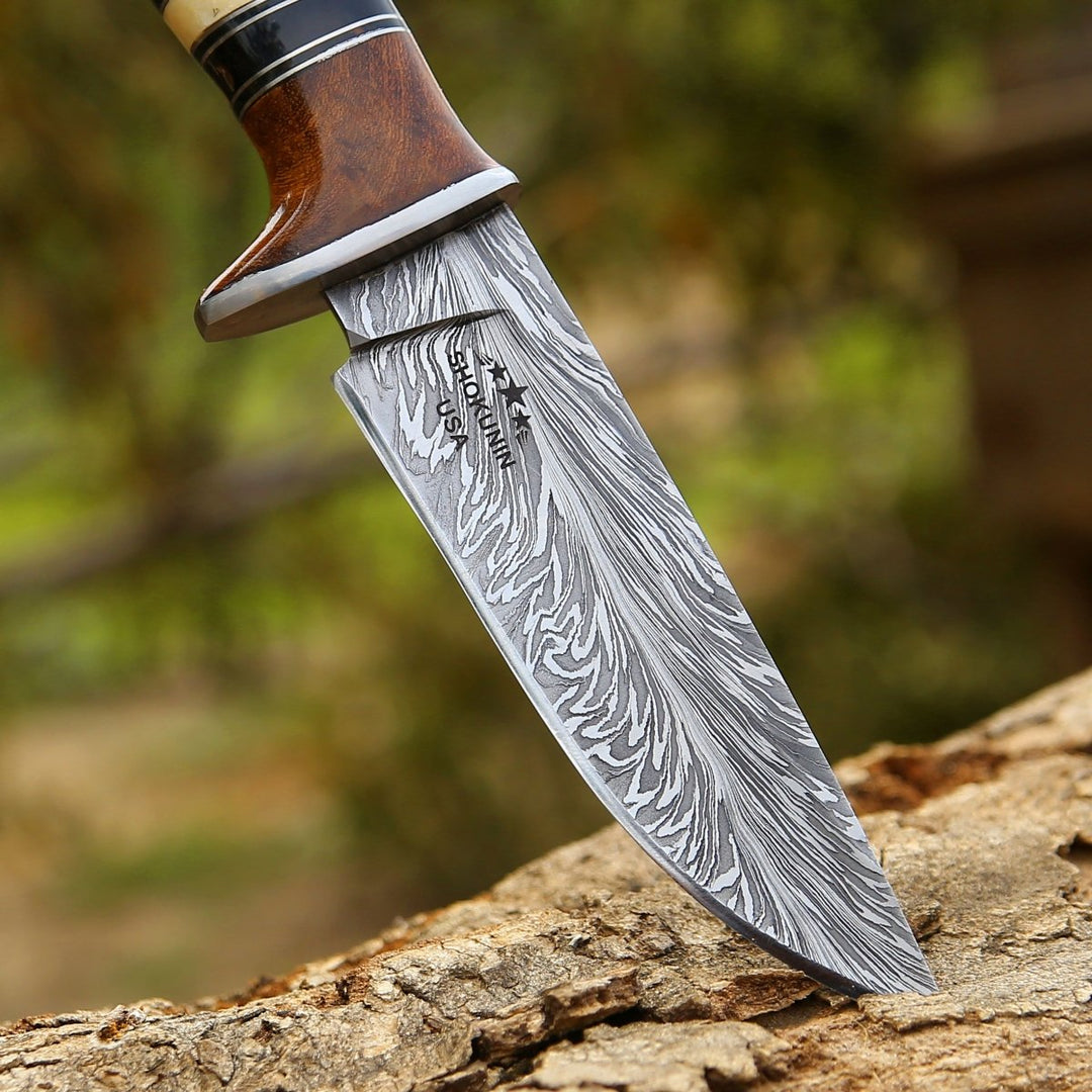 Annihilator Damascus Knife – Annihilator Custom Feather Damascus Hunting Knife with Exotic Rose Wood Handle – shokuninusa