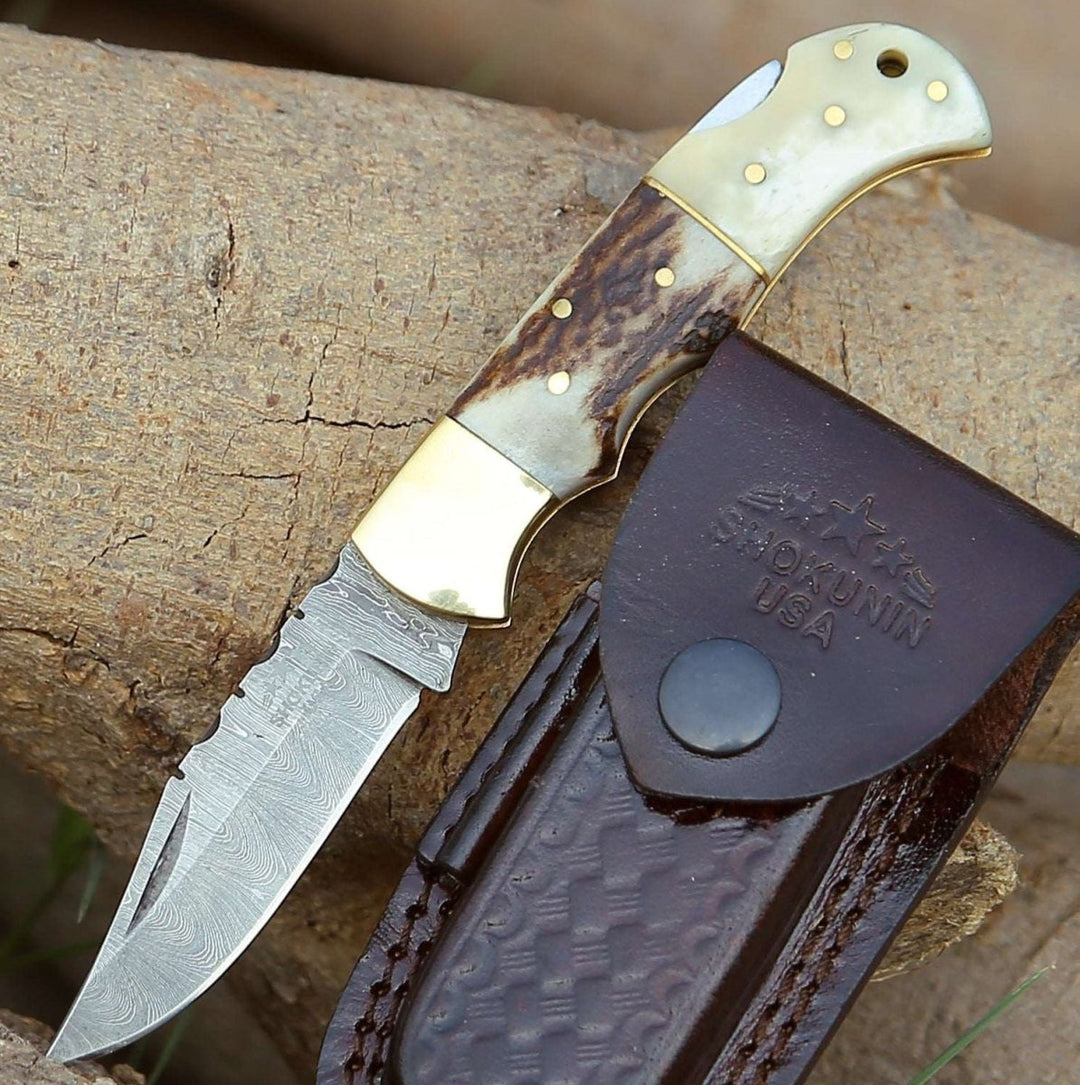 Antler Edge Damascus Pocket Knife with Staghorn & Bone Handle - Shokunin USA