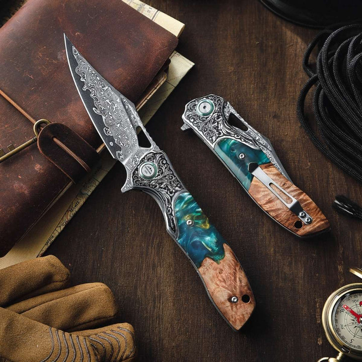 Ares Japanese Handmade Pocket Knife with Olive Burl Wood & Resin Handle