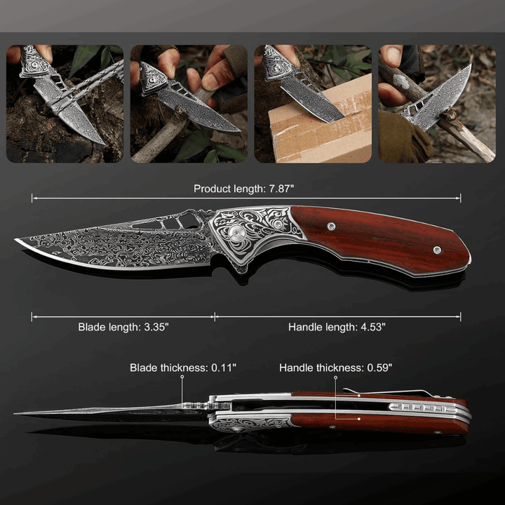 Artemis Pocket Knives – Artemis Japanese VG10 Damascus Pocket Knife with Clip &amp; Exotic Red Sandal Wood Handle – shokuninusa