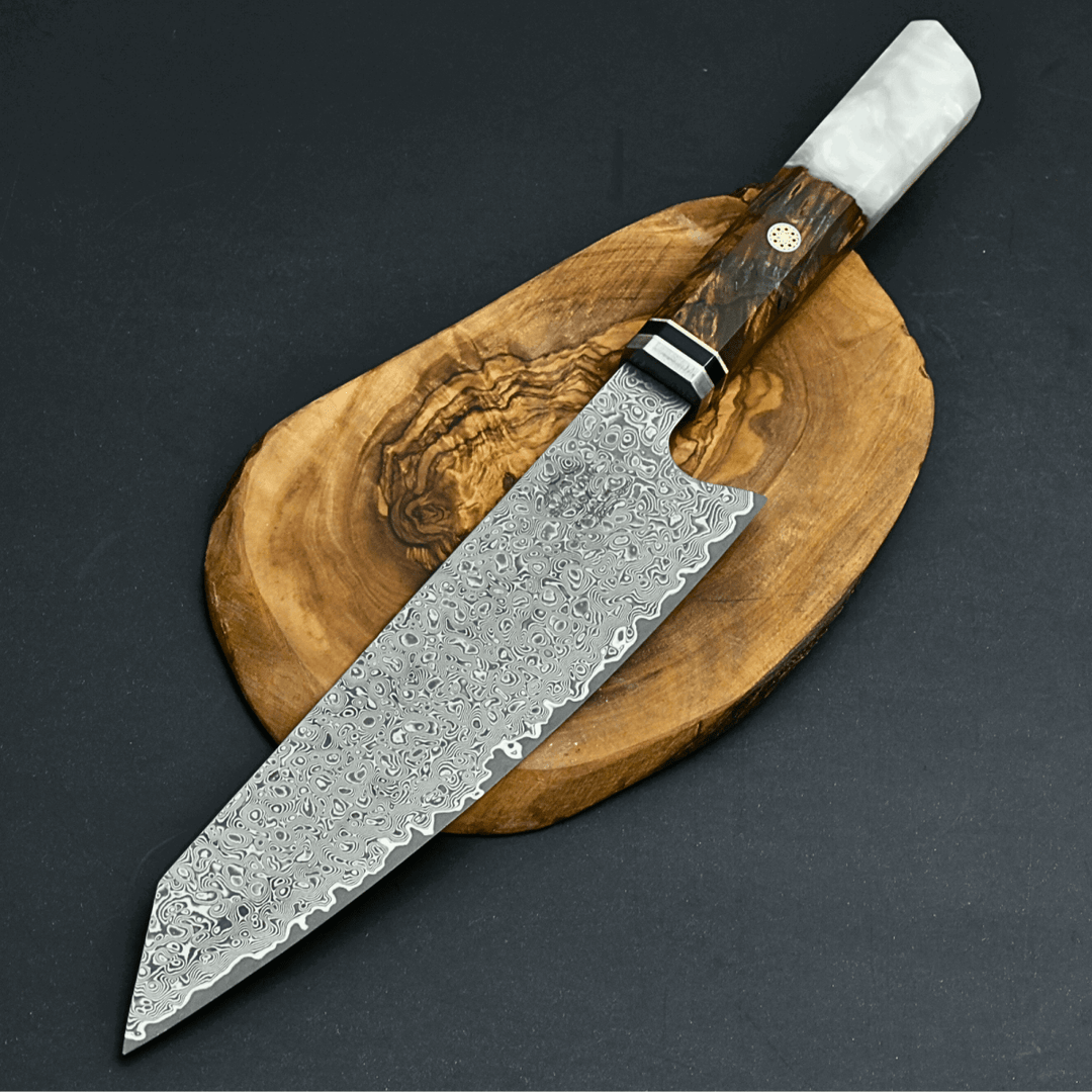 Aurora Japanese Chef Knife with Exotic Olive Burl Wood & Mother of Pearl Handle - Shokunin USA
