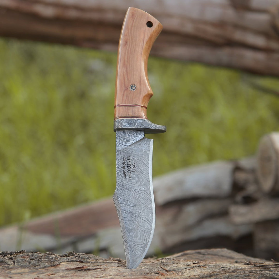 Avatar Bowie Knife – Avatar Damascus Hunting Knife with Exotic Olive Wood Handle – shokuninusa