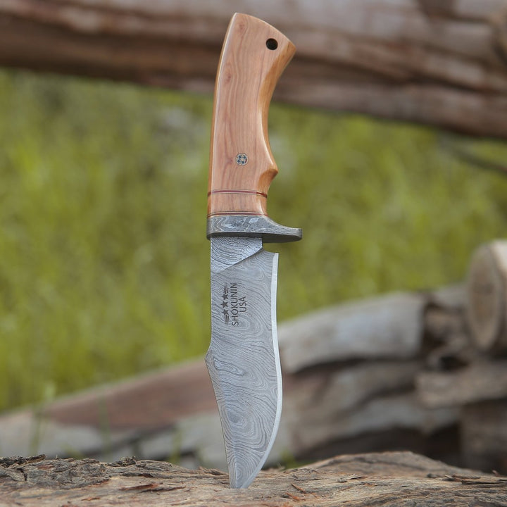 Avatar Bowie Knife – Avatar Damascus Hunting Knife with Exotic Olive Wood Handle – shokuninusa