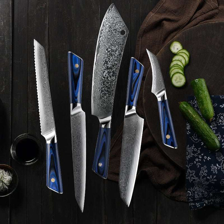 Chef Knife Set - Azure VG10 Damascus Chef Knife Set with G10 Handle and Sheath - Shokunin USA