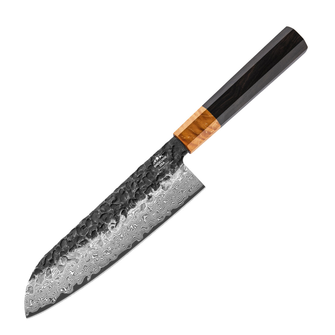 Chef knife - Sterling VG10 Damascus Santoku Knife with Exotic Ebony Wood Composite Handle - Shokunin USA