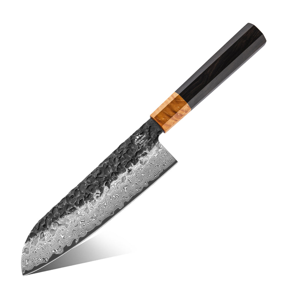 Chef knife - Sterling VG10 Damascus Santoku Knife with Exotic Ebony Wood Composite Handle - Shokunin USA