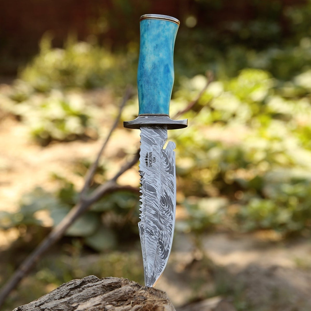 Handcrafted Bowie Knife – Behemoth 7.0" Damascus Steel Handmade Hunting Knife with Bone Handle – shokuninusa
