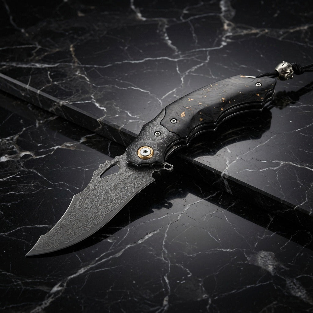 Black gold EDC Gentlemen's Pocket Knife with 14K Gold Foil Carbon Fiber Handle & Sheath Personalized - Shokunin USA