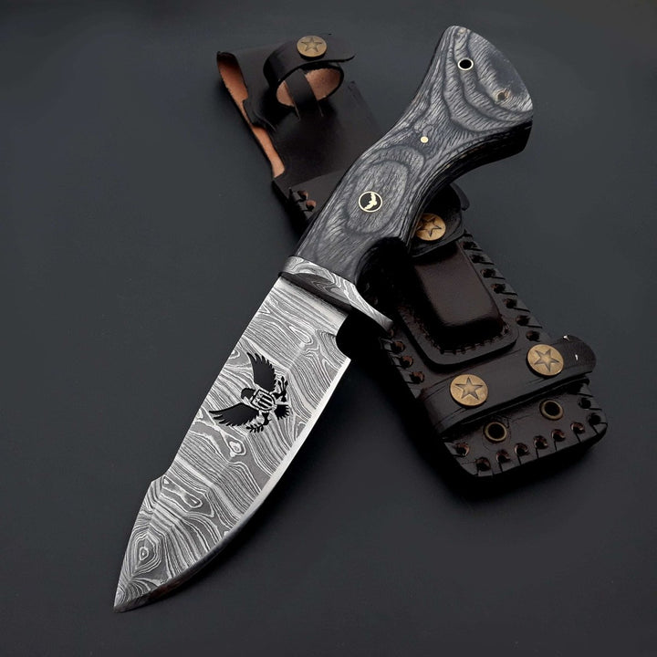 Black Reaper 1095 Damascus Hunting Knife with Stained Hardwood Handle &amp; Leather Sheath - Shokunin USA