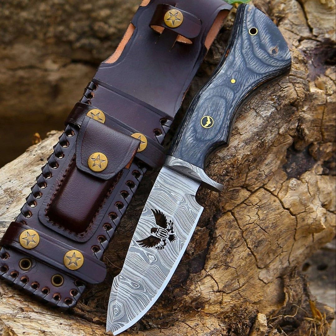 Black Reaper 1095 Damascus Hunting Knife with Stained Hardwood Handle &amp; Leather Sheath - Shokunin USA