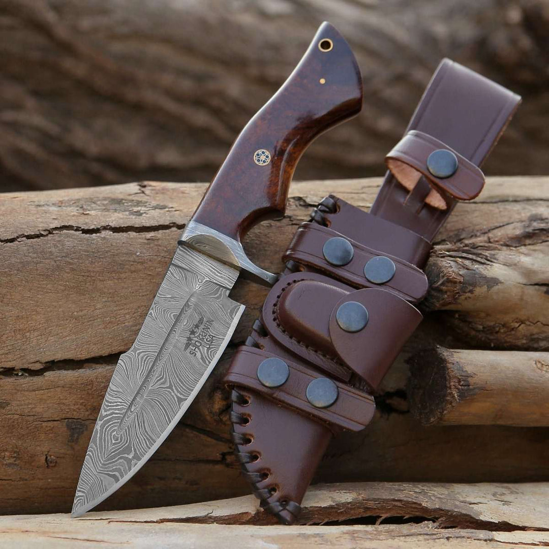 Bolt Bowie Knife - Bolt Damascus Custom Hunting Knife with Exotic Rose Wood Handle - Shokunin USA