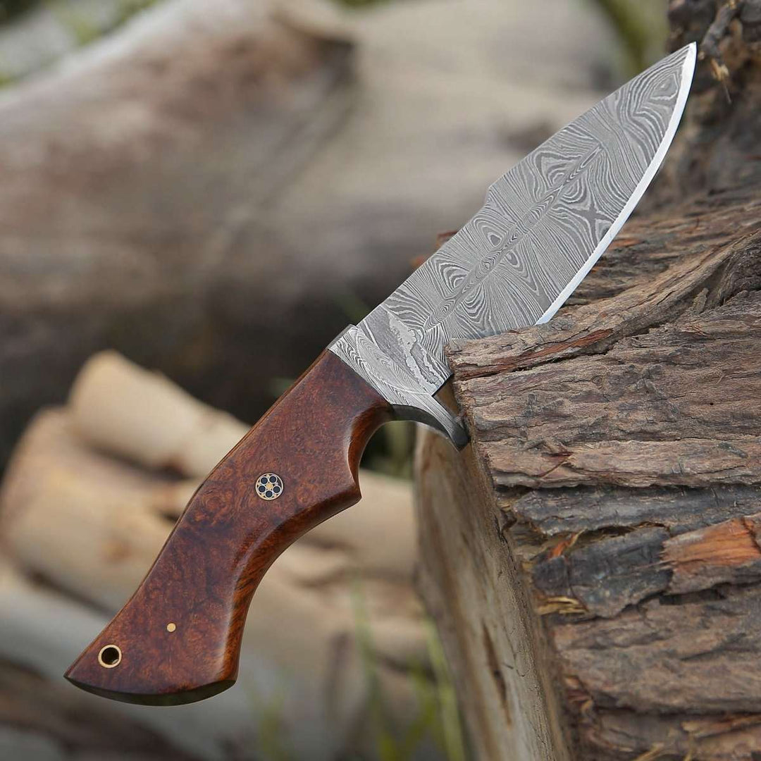 Bolt Bowie Knives - Bolt Damascus Custom Hunting Knife with Rose Wood Handle &amp; Leather Sheath - Shokunin USA