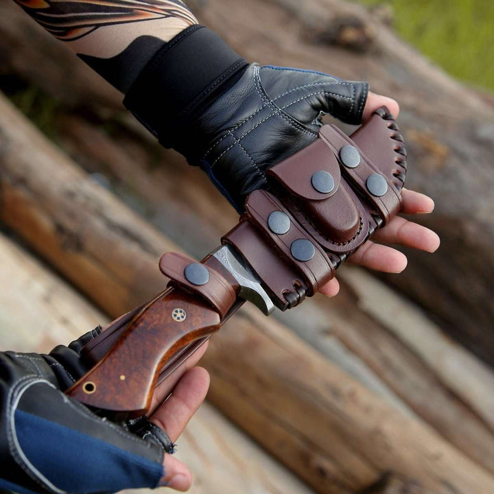 Bolt Knives - Bolt Damascus Custom Hunting Knife with Rose Wood Handle &amp; Leather Sheath - Shokunin USA