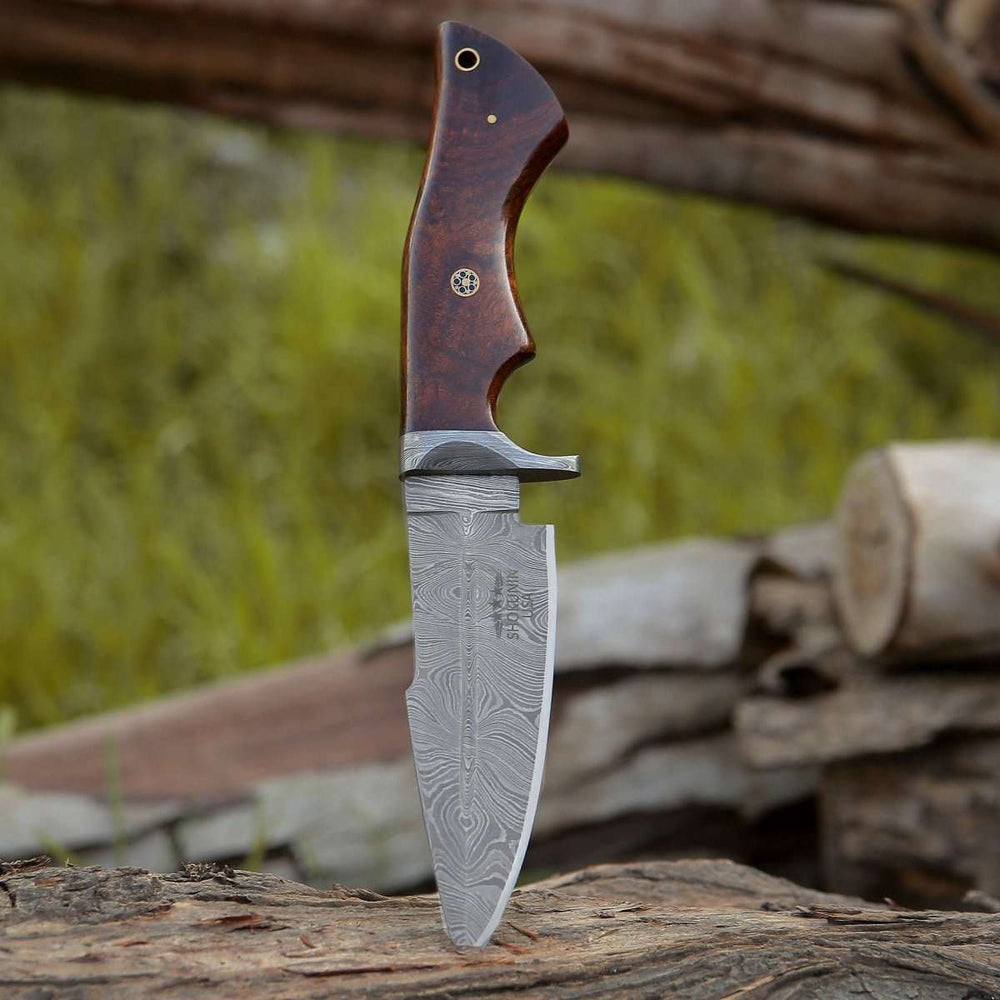 Hunting Knife - Bolt Damascus Custom Hunting Knife with Exotic Rose Wood Handle - Shokunin USA