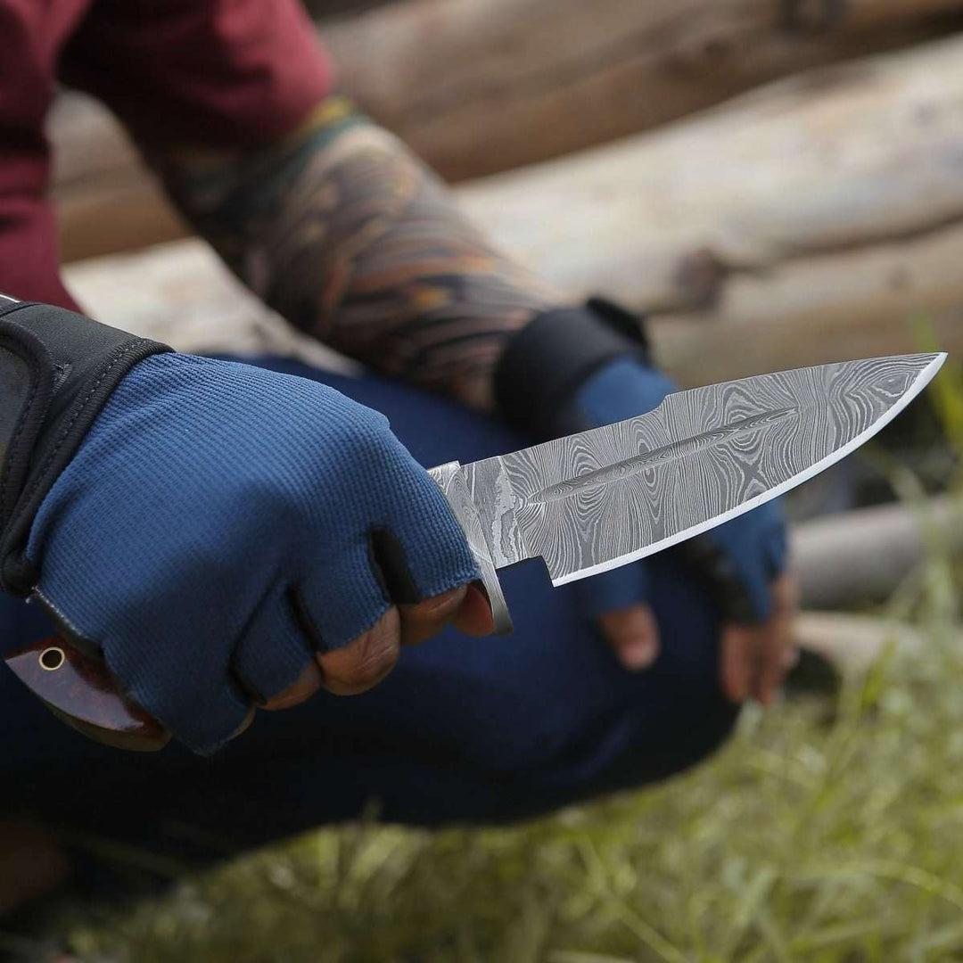 Bolt Hunting Knives - Bolt Damascus Custom Hunting Knife with Rose Wood Handle &amp; Leather Sheath - Shokunin USA