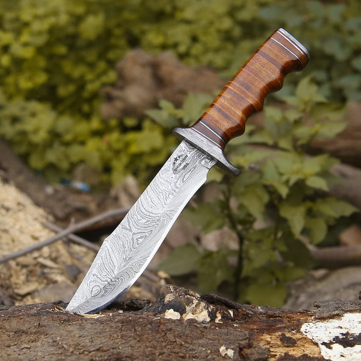 Brute Bowie Knives – Brute Damascus Steel Bowie Knife with Stacked Leather Handle – shokuninusa