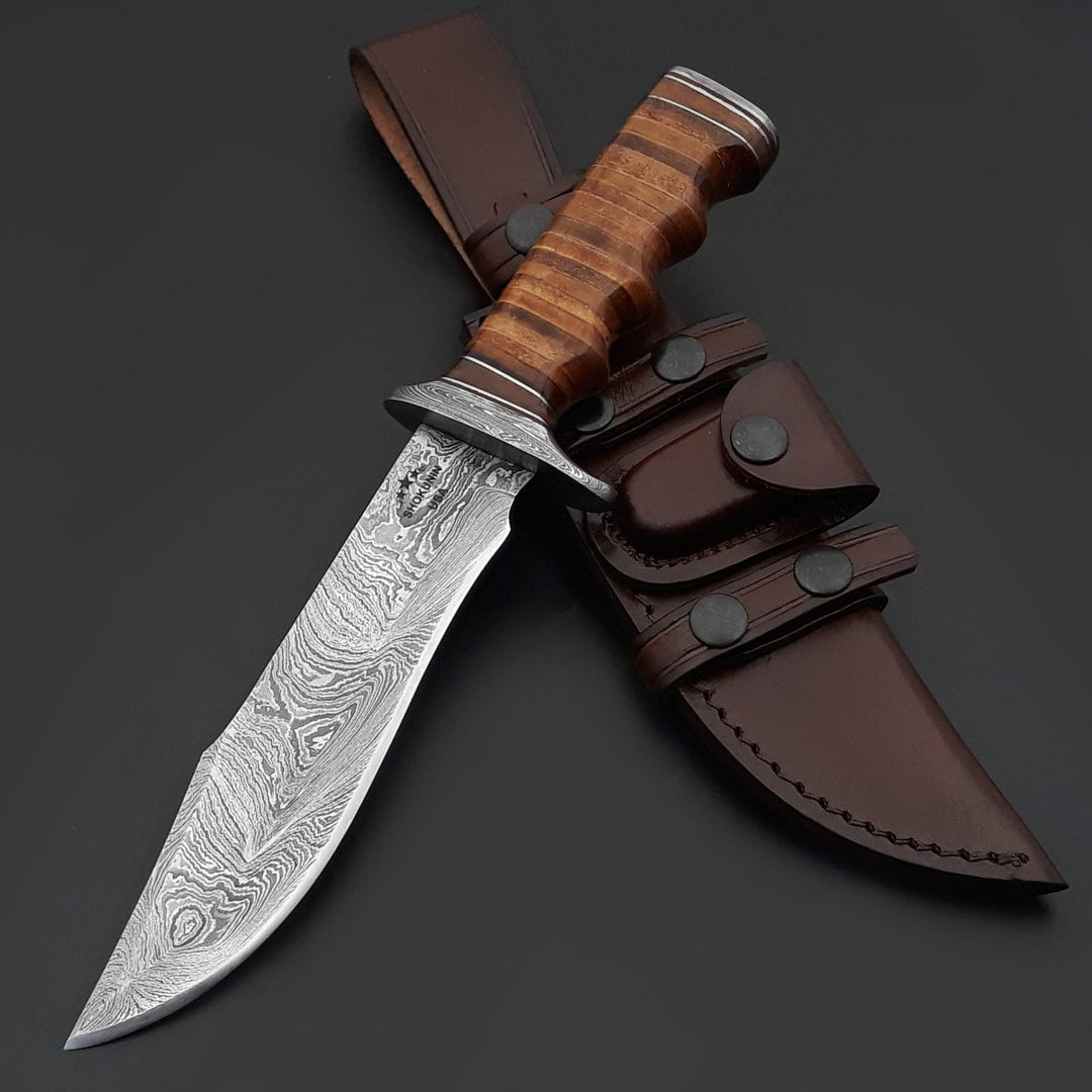 Specialty Bowie Knives – Brute Damascus Steel Bowie Knife with Stacked Leather Handle – shokuninusa