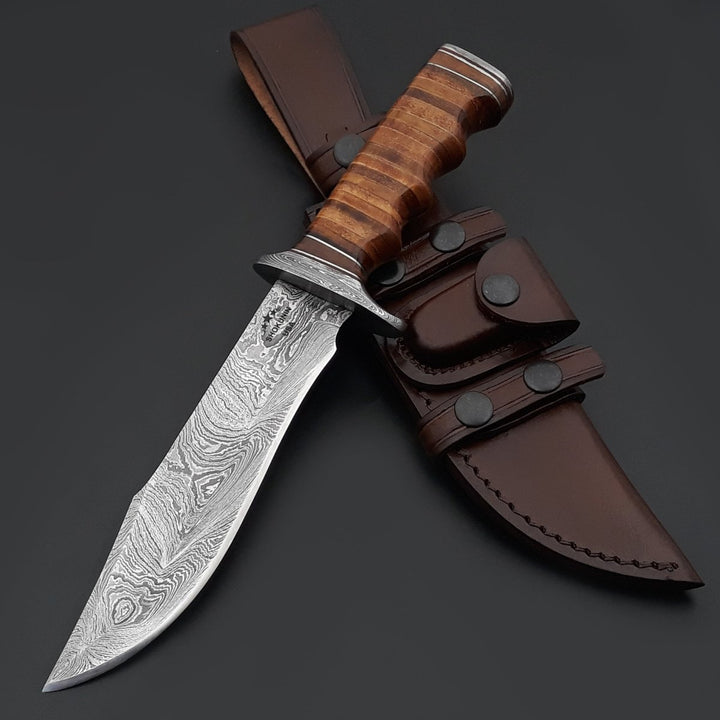 Specialty Bowie Knives – Brute Damascus Steel Bowie Knife with Stacked Leather Handle – shokuninusa