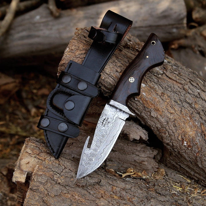 Gut Knife - Captain Damascus Hunting Knife with Gut Hook &amp; Exotic Wenge Wood Handle - Shokunin USA