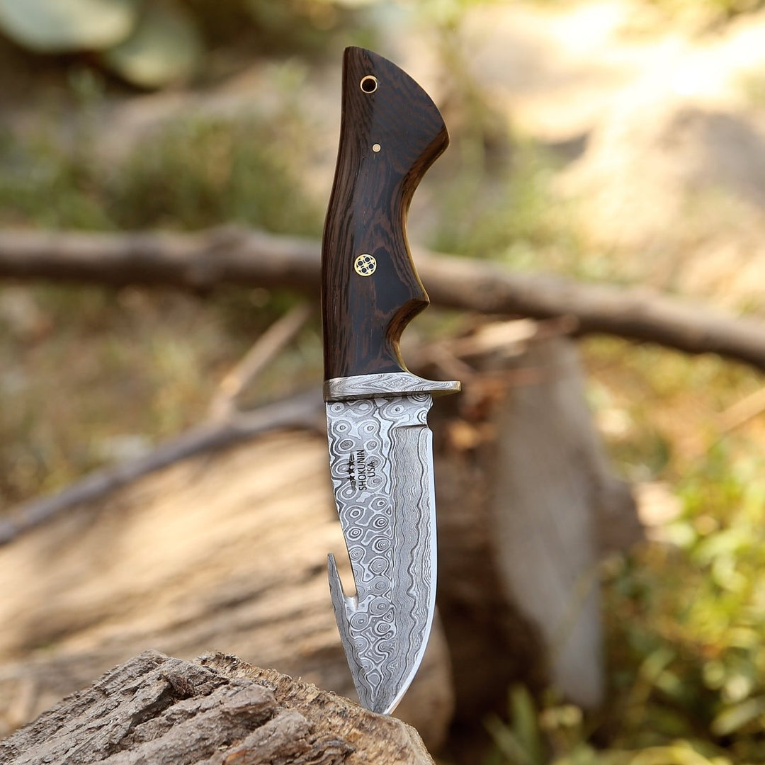Captain Hunting Knives - Captain Damascus Hunting Knife with Gut Hook &amp; Exotic Wenge Wood Handle - Shokunin USA