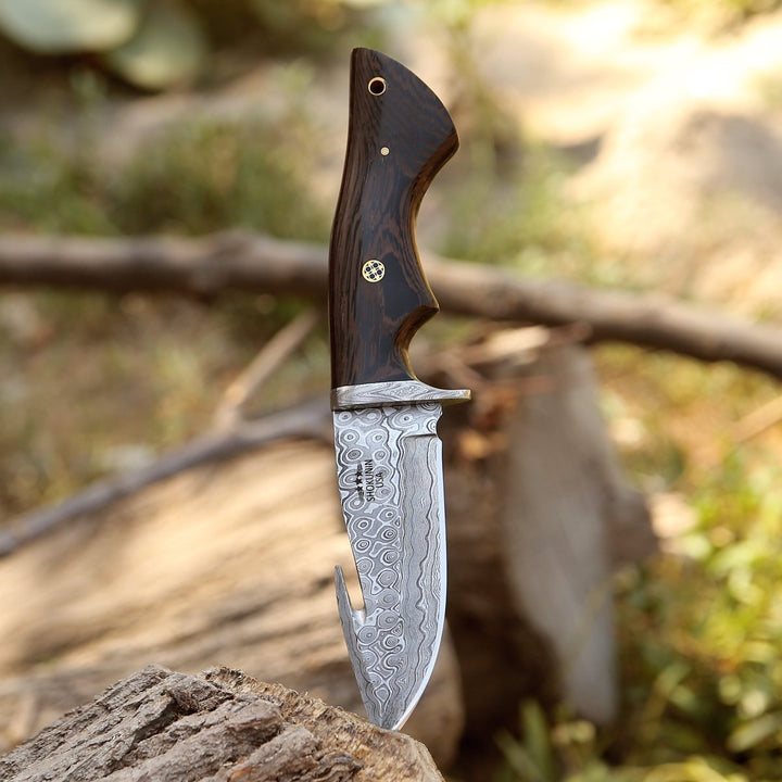 Captain Hunting Knives - Captain Damascus Hunting Knife with Gut Hook &amp; Exotic Wenge Wood Handle - Shokunin USA
