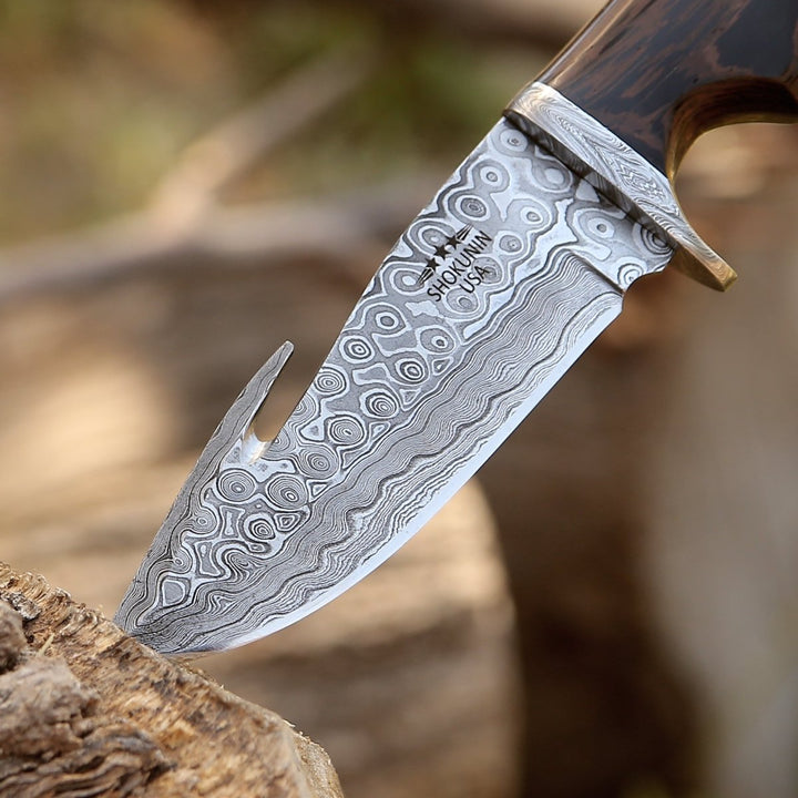 Captain Skinning Knife - Captain Damascus Hunting Knife with Gut Hook &amp; Exotic Wenge Wood Handle - Shokunin USA