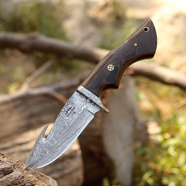 Captain Hunting Knife - Captain Damascus Hunting Knife with Gut Hook &amp; Exotic Wenge Wood Handle - Shokunin USA