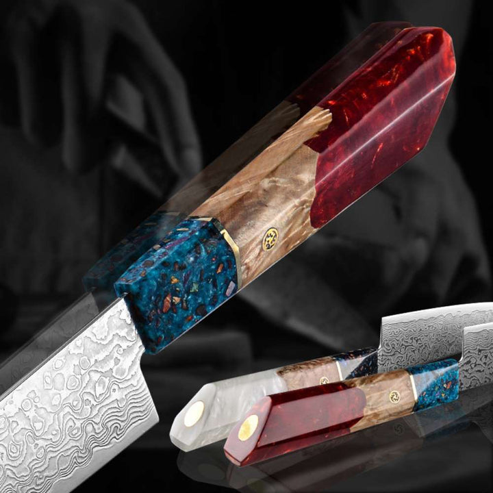 Cascade Chef Knives - Cascade Damascus Chef Knife with Exotic Olive Wood &amp; Resin Handle - Shokunin USA