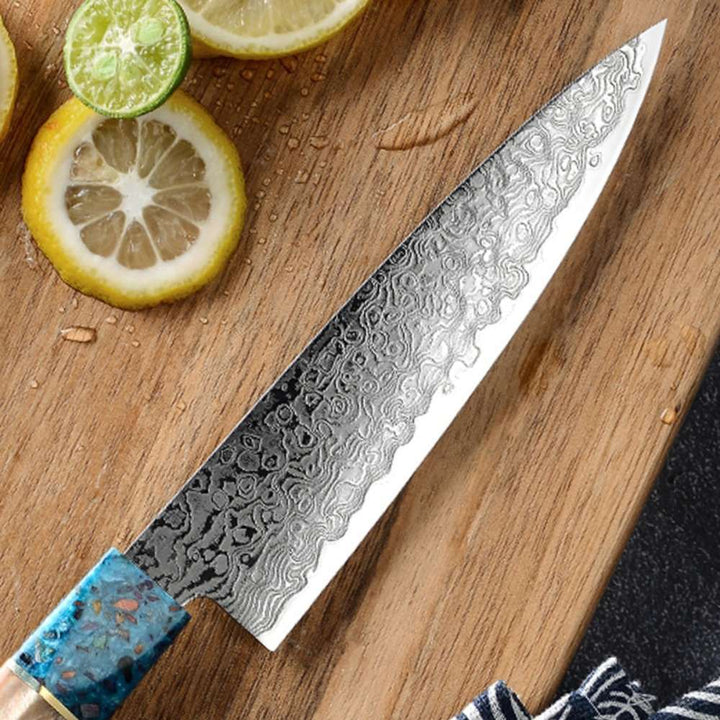 Cascade Kitchen Knife - Cascade Damascus Chef Knife with Exotic Olive Wood &amp; Resin Handle - Shokunin USA
