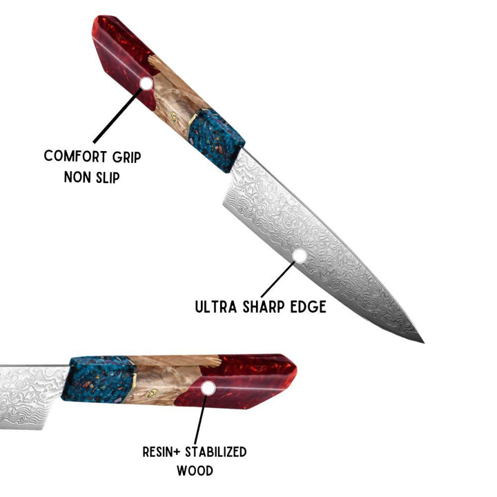 Cascade Kitchen Knives - Cascade Damascus Chef Knife with Exotic Olive Wood &amp; Resin Handle - Shokunin USA