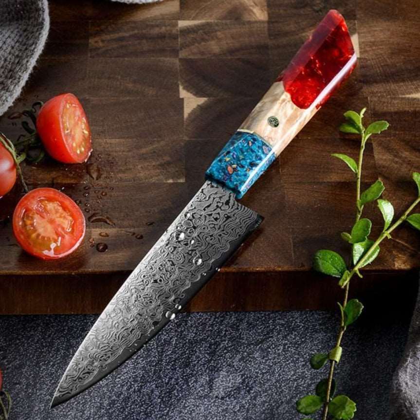 Cascade Chef Knife - Cascade Damascus Chef Knife with Exotic Olive Wood & Resin Handle - Shokunin USA
