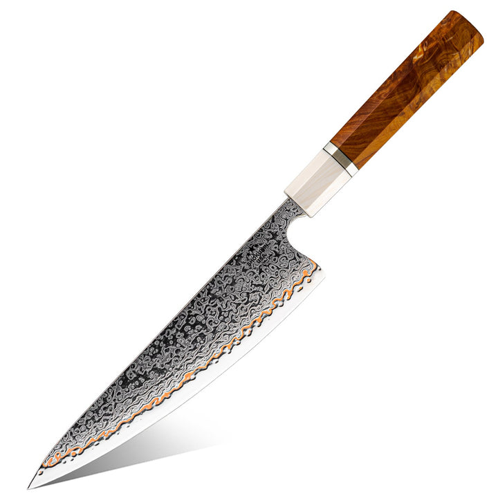 Raiden Handmade Japanese Chef Knife - 8.0" VG10, 1095 &amp; Copper Damascus Steel Blade, Exotic Rosewood Burl Composite Handle