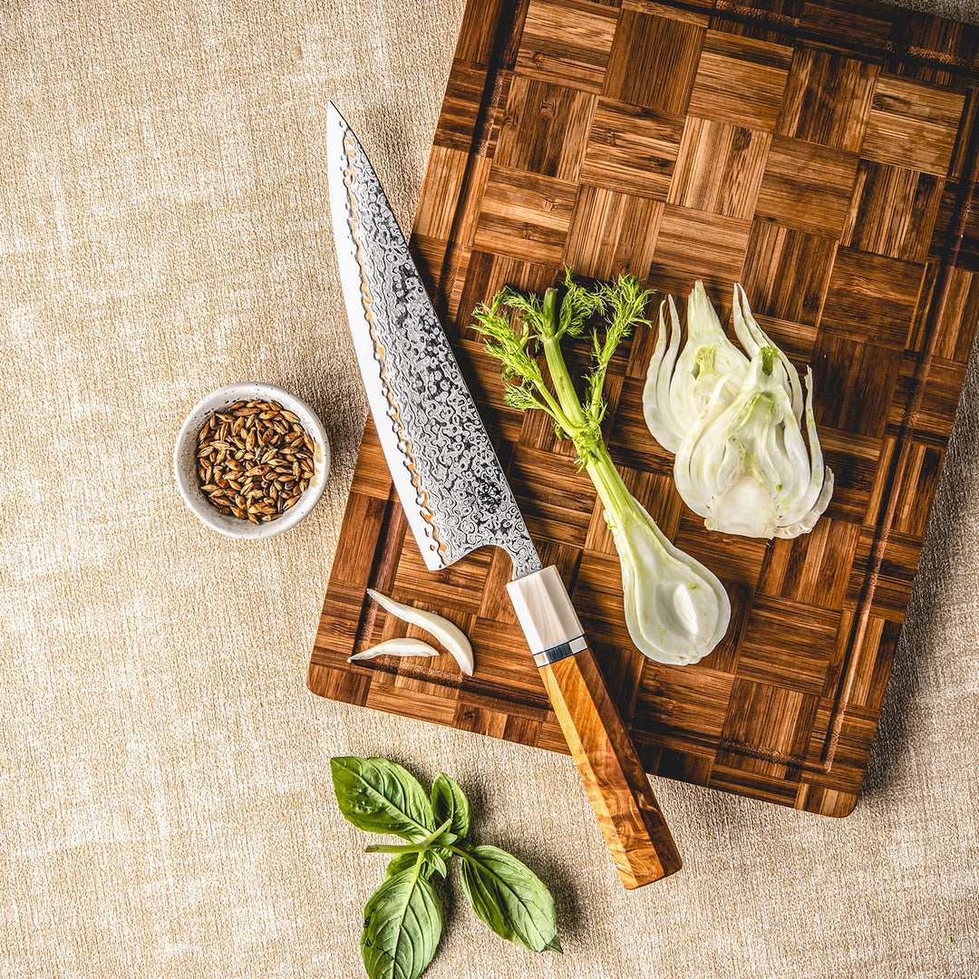 Raiden Handmade Japanese Chef Knife - 8.0" VG10, 1095 &amp; Copper Damascus Steel Blade, Exotic Rosewood Burl Composite Handle