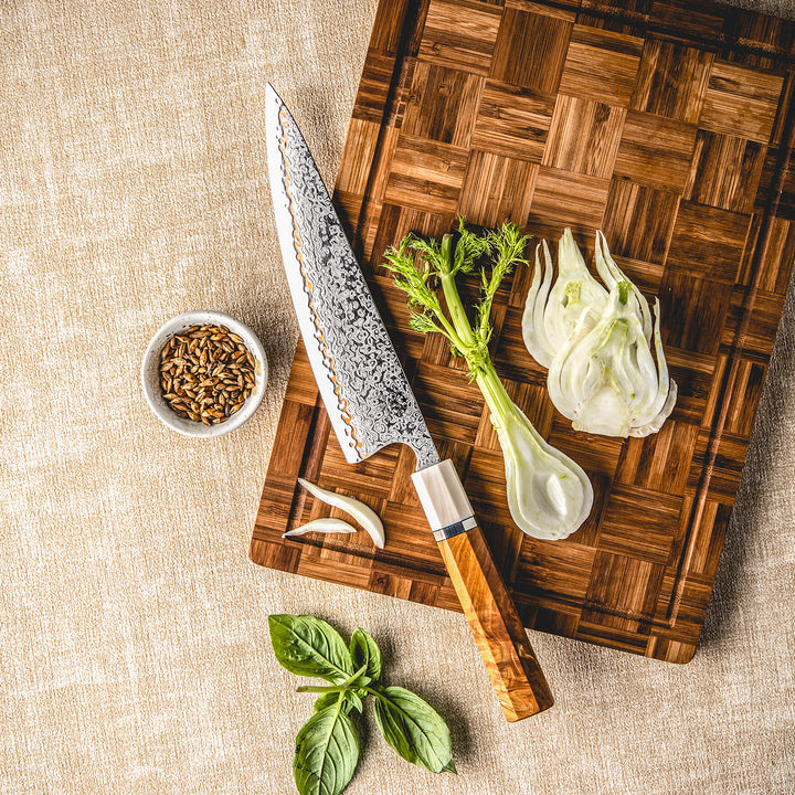 Raiden Handmade Japanese Chef Knife - 8.0" VG10, 1095 &amp; Copper Damascus Steel Blade, Exotic Rosewood Burl Composite Handle