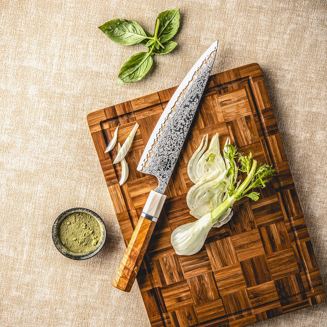 Raiden Handmade Japanese Chef Knife - 8.0" VG10, 1095 &amp; Copper Damascus Steel Blade, Exotic Rosewood Burl Composite Handle