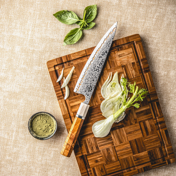 Raiden Handmade Japanese Chef Knife - 8.0" VG10, 1095 &amp; Copper Damascus Steel Blade, Exotic Rosewood Burl Composite Handle