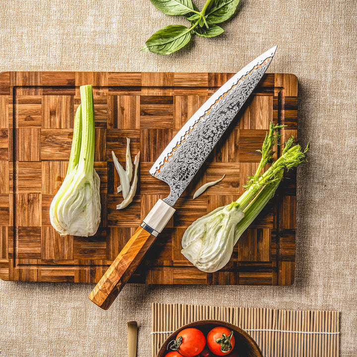 Raiden Handmade Japanese Chef Knife - 8.0" VG10, 1095 &amp; Copper Damascus Steel Blade, Exotic Rosewood Burl Composite Handle