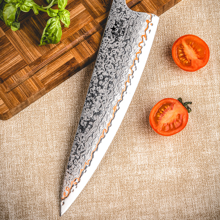 Raiden Handmade Japanese Chef Knife - 8.0" VG10, 1095 &amp; Copper Damascus Steel Blade, Exotic Rosewood Burl Composite Handle